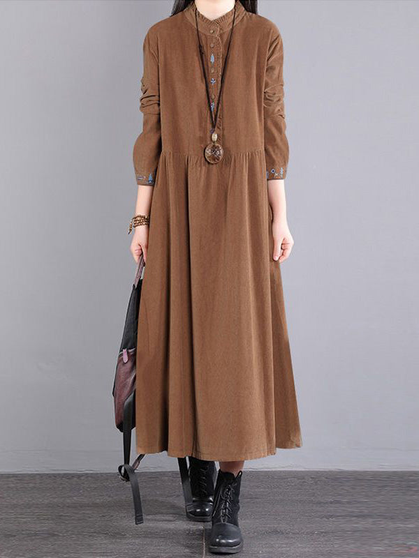 Corduroy Long Sleeves A-line Embroidered Round-neck Midi Dresses