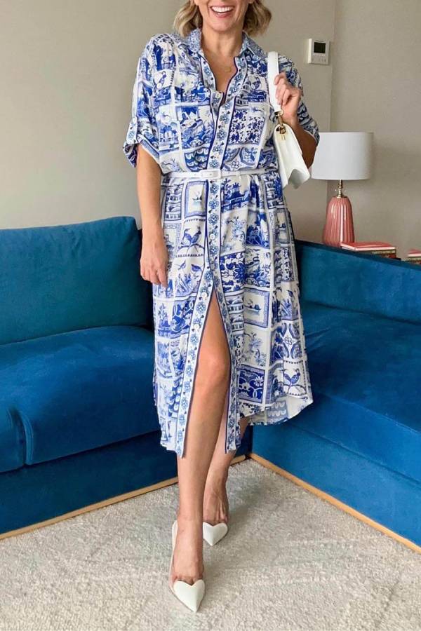 Unique Greek Print Button-front Midi Dress
