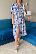 Unique Greek Print Button-front Midi Dress