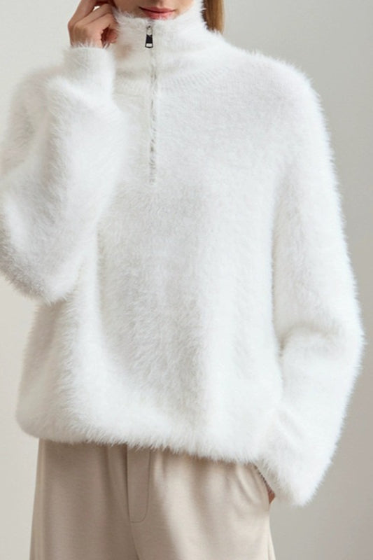 Faux Mink Slouchy Turtleneck Zip-front Sweater