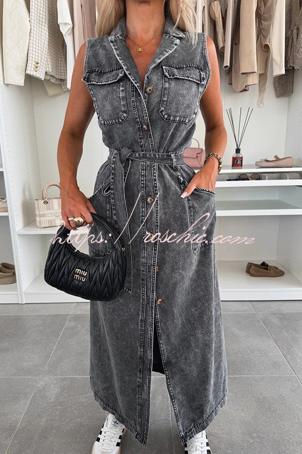 Color Sleeveless Single Breasted Waist Tie Pocket Denim Midi Dress