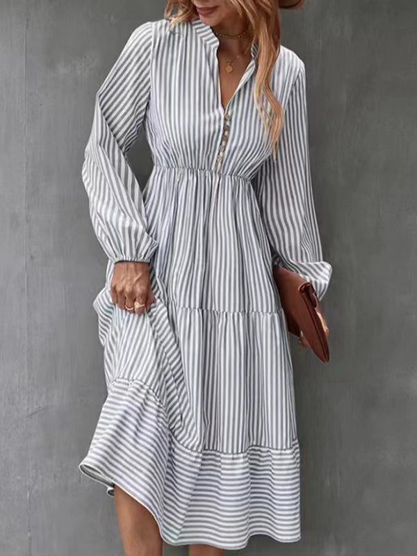 Loose Puff Sleeves Pleated Split-joint Striped V-neck Midi Dresses Shirt Dress
