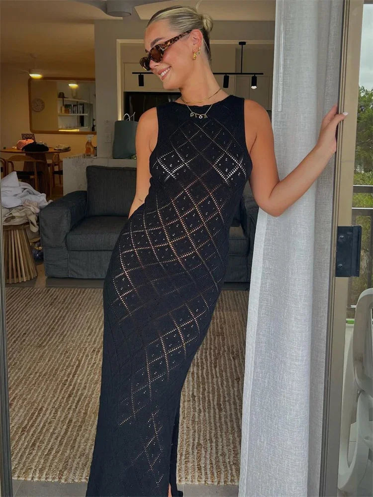 Hollow Out Sleeveless Maxi Dress High Split Beach Holiday Mesh Dress Patchwork Knitwear Autumn Dress
