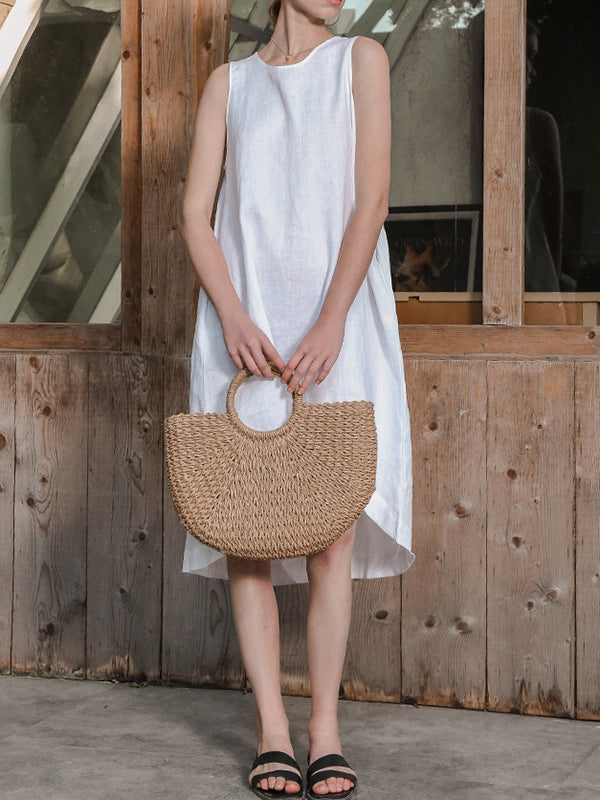 High-low Loose Color Round-neck Midi Dresses