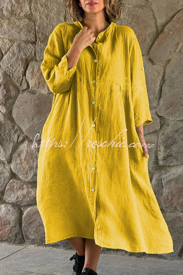 Mindful Cotton Blend Color Button Midi Dress