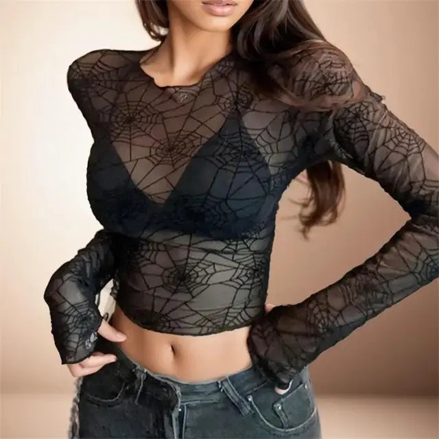 Spider Mesh Yarn Crop Top Long Sleeves Top Black Fairy Grunge Clothes Transparent Club T-shirt Summer Y2k