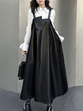 A-line Loose Asymmetric Pleated Color Split-joint Square-neck Midi Dresses Slip Dress