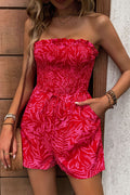 Plant Print Tube Top Lace-up Pleated Rompers