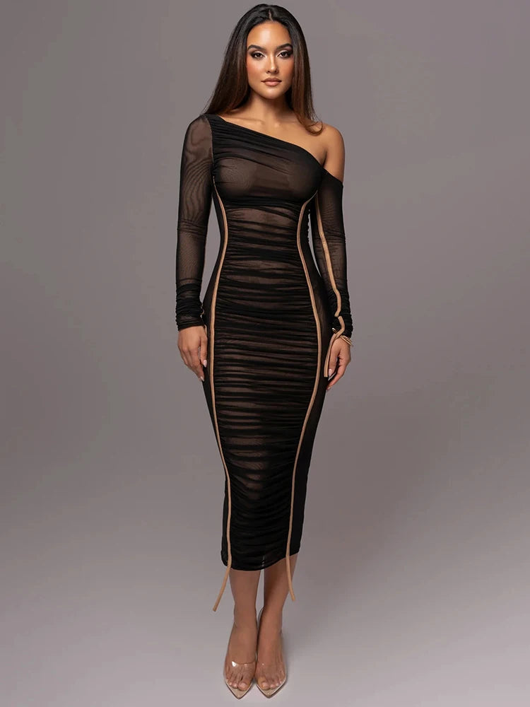 Diagonal Collar Long Sleeve Midi Dress for Two Layer Mesh Backless Ruched Bodycon Club Party Long Dress