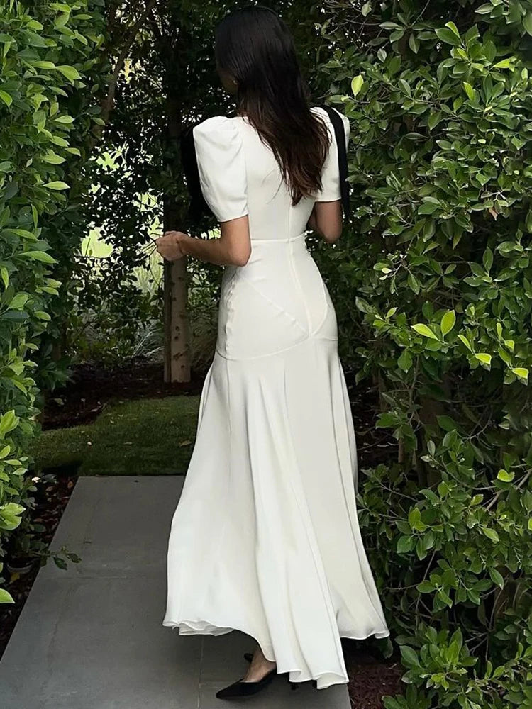 Tee Bow Lace-up Long Dress for High Waist Short Sleeve Slim Party Dress Bandage Maxi Dress