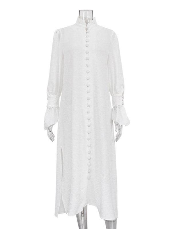 Flared Sleeves Long Sleeves Buttoned Color Split-side Stand Collar Midi Dresses Shirt Dress