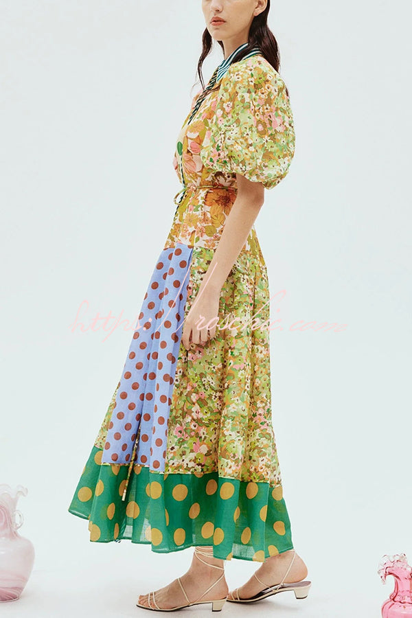Linen Blend Unique Print Lapel Puff Sleeve Midi Dress