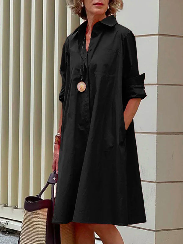 Simple Long Sleeves Color Lapel Midi Dress