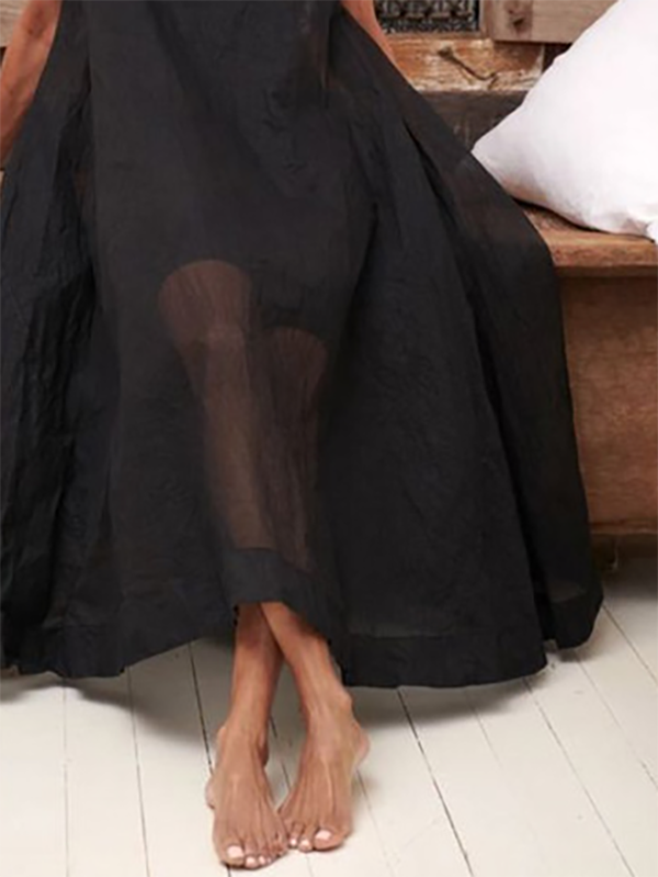 A-line Loose Pockets See-through Color Round-neck Cover-up Midi Dresses