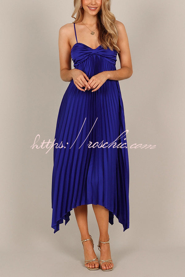 Color Suspender Pleated Irregular Midi Dress