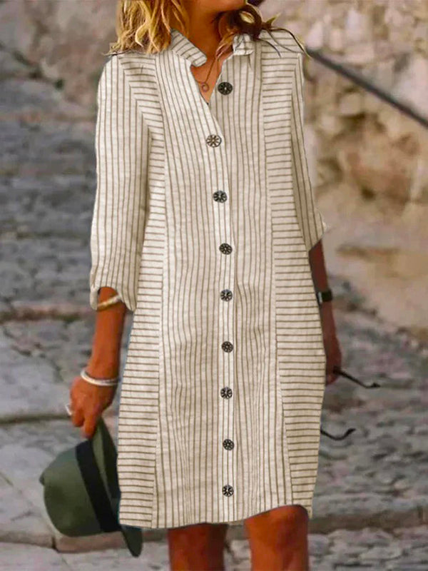 Long Sleeves Buttoned Striped V-neck Midi Dresses