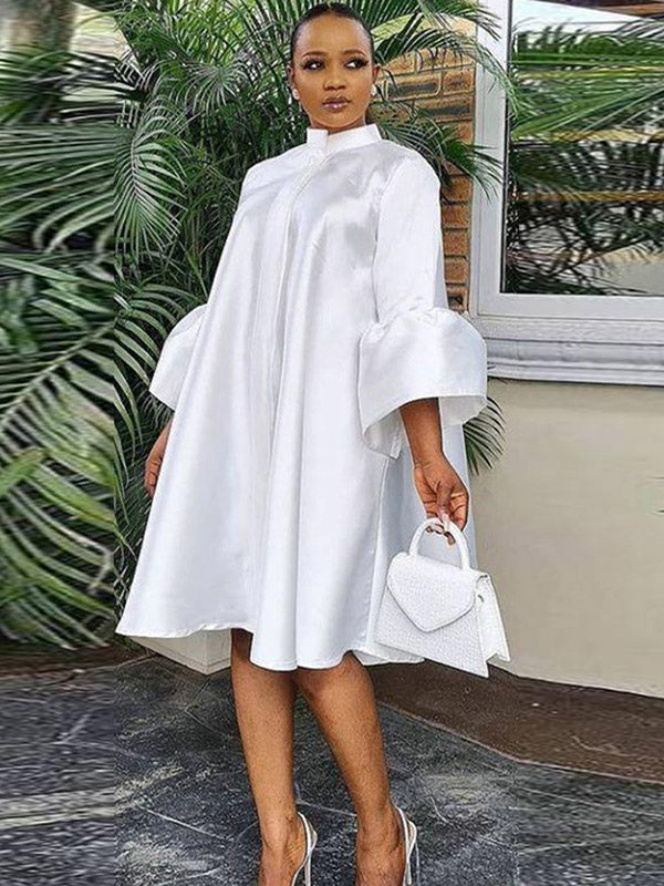 Urban Buttoned Color Stand Collar Flared Sleeve Loose Midi Dress