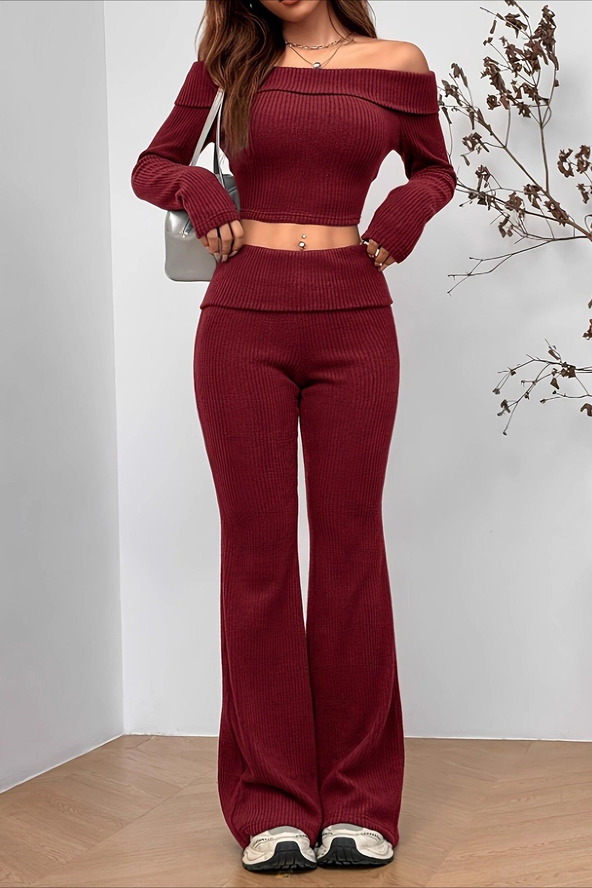 Off-shoulder Fitted Crop Top Pants Two Piece Set