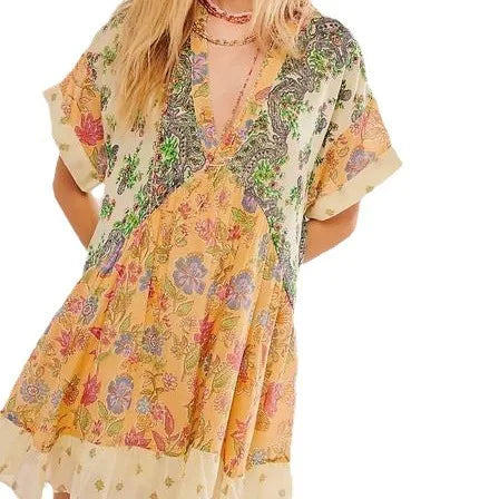 Color Print Mini Dresses Spring Summer New V-neck Short Sleeves Folds Loose Irregular Short Dress Vestidos