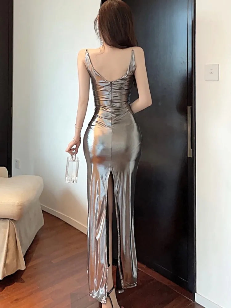 Shiny Maxi Dress Silver Spaghetti Strap High Split Wrap Chest Slim Bodycon Robe Evening Party Club Long Vestidos