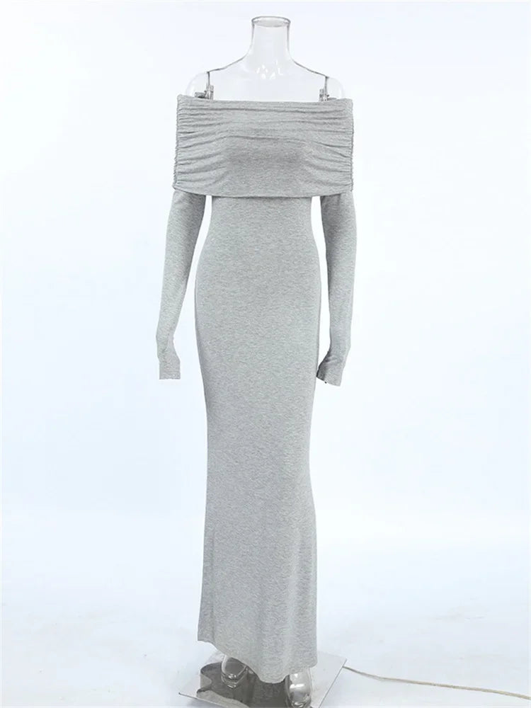 Autumn Knit Long Dress ’s Off-shoulder Patchwork Ribbed High Waist Slim Dress Knitwear Dress