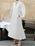 A-line Long Sleeves Buttoned Pleated Pockets Color Split-side Stand Collar Midi Dresses