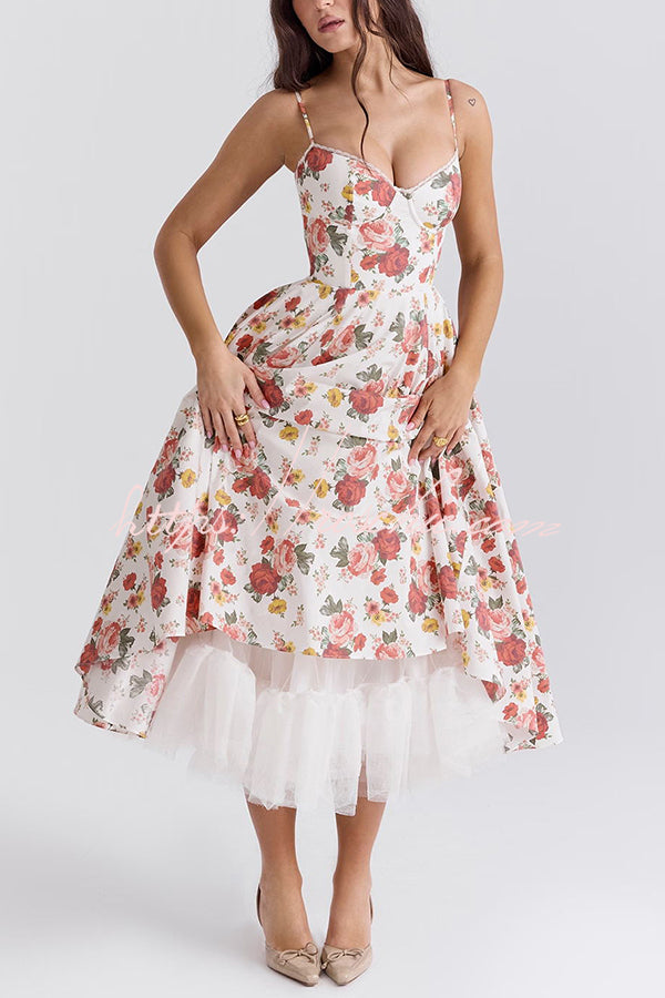 Fairy Tale Italian Rose Print Tulle Pocketed Slip Midi Dress