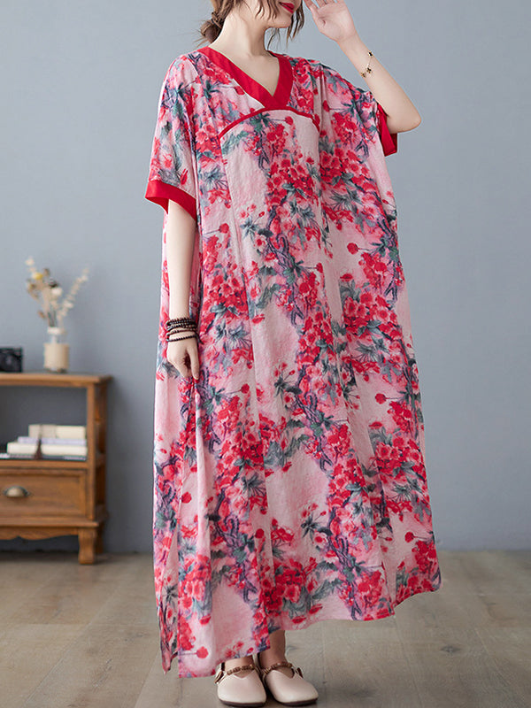 Loose Artistic Retro Printed Split-joint V-neck Midi Dress