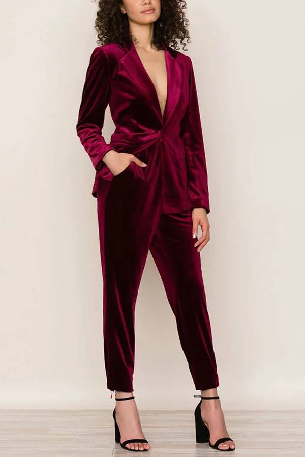Color Velvet Long-sleeve Blazer and Elastic Waist Pocket Pants Set