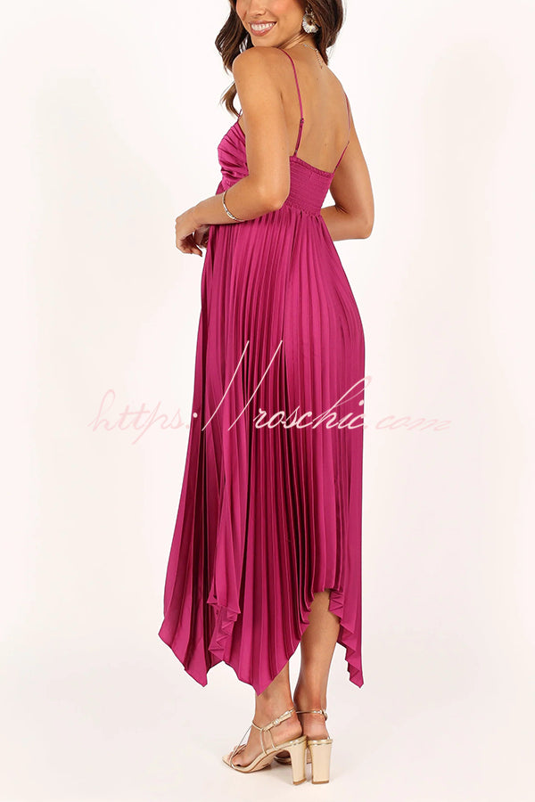 Color Suspender Pleated Irregular Midi Dress