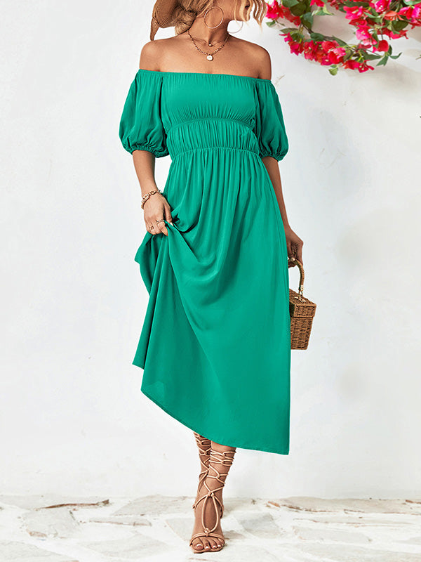 Loose Short Sleeves Color Off-the-shoulder Midi Dresses