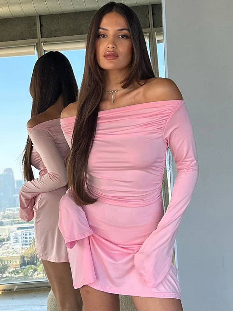 Julissa Mo Autumn Slash Neck Long Sleeve Ruched Pink Mini Dress for Slim Fit A-line Dress Party Clubwear