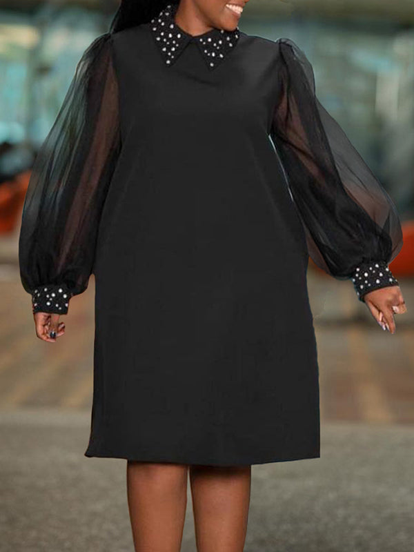 Puff Sleeves Beads Mesh Color Split-joint Round-neck Midi Dresses