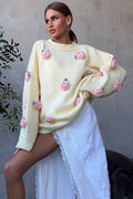 Crew Neck Minimalist 3d Flower Knit Sweater