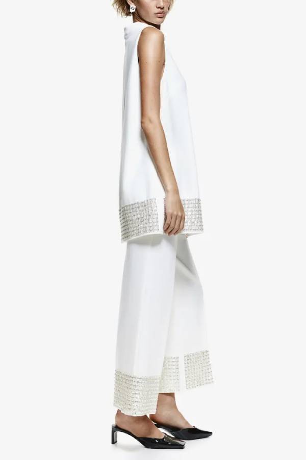Simple but Not Simple Sequin Trim Back Elastic Waist Crop Loose Pants