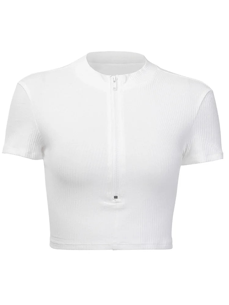 New Slim Fit Zipper T-shirt Female Bustier Corset Tops High Neck Crop Top Tee Shirt White
