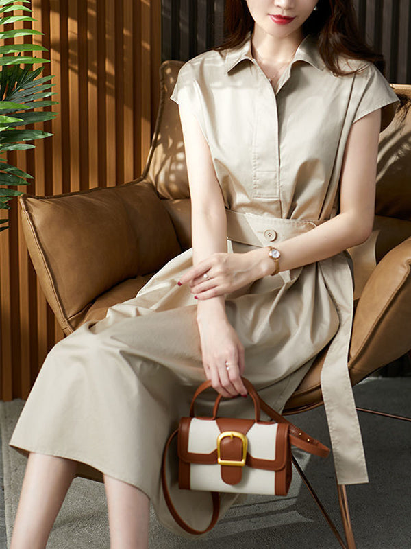 Short Sleeves Bandage Color Lapel Midi Dresses