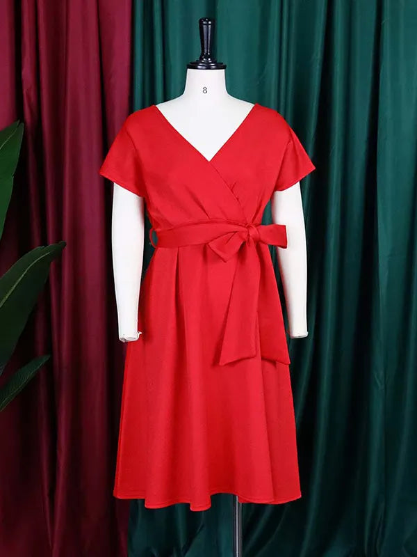 Bowknot Lace-up Color V-neck Midi Dresses