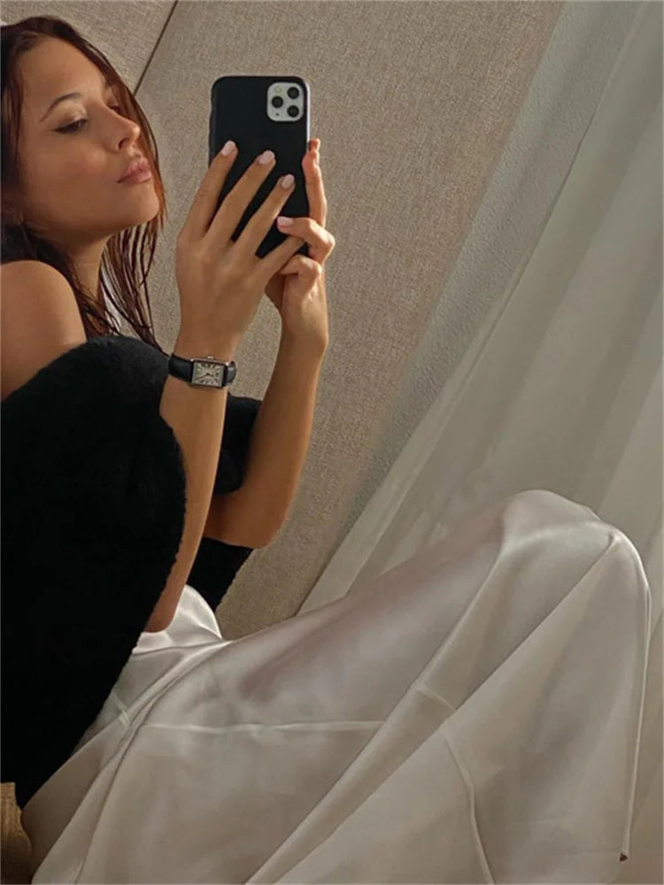 White Satin High Waist Long Skirt for Zipper Side Split Slim Party Maxi Skirt Y2k Outfit Female Long Skirt