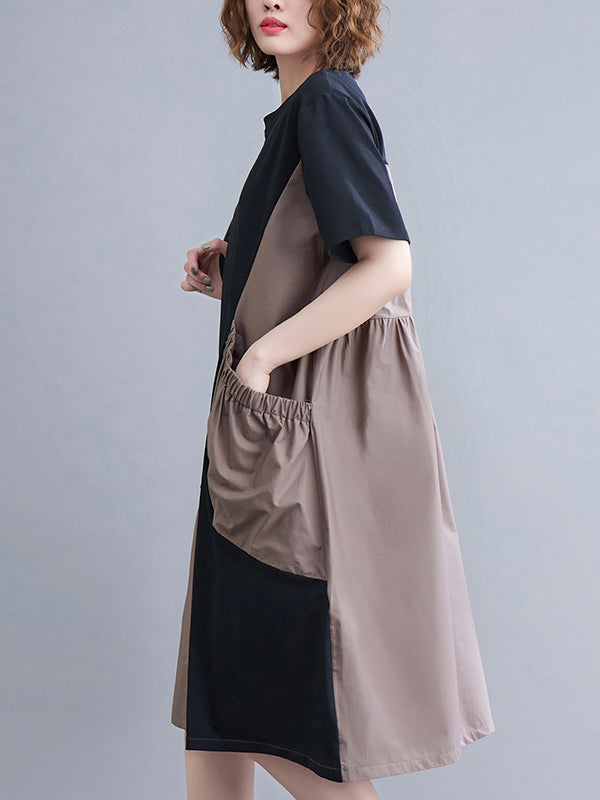 Original Loose Split-joint Contrast Color Midi Dress