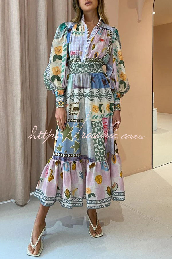 Playfully Unique Print Balloon Sleeve Smocked Waist Shirt Midi Dress