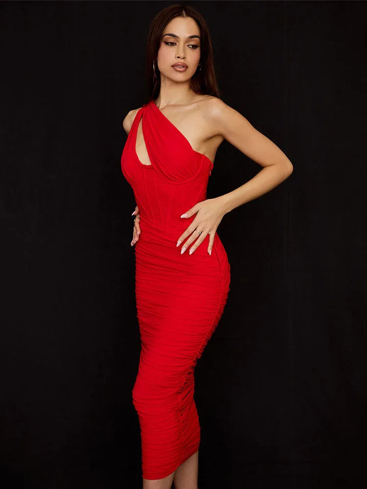 One Shoulder Ruched Midi Dress for Club Party Outfits Summer New Sleeveless Backless Bodycon Long Dress
