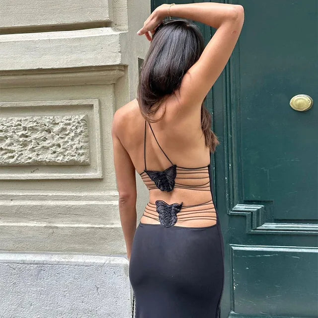 Backless Maxi Dress for Slim Butterfly Bodycon Slim Sheath Dress ’s Club Deep V Neck Dresses Woman