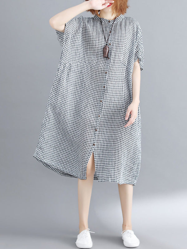 Artistic Retro Loose Split-joint Plaid Buttoned Stand Collar Half Sleeves Midi Dress
