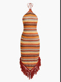 Fringe and Colorful Pattern Halter Midi Dress