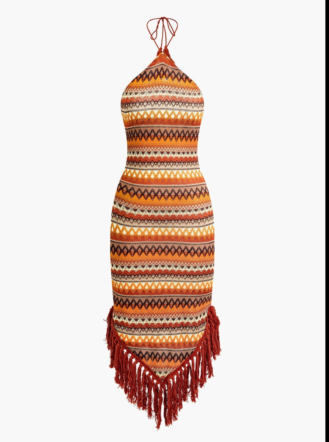 Fringe and Colorful Pattern Halter Midi Dress