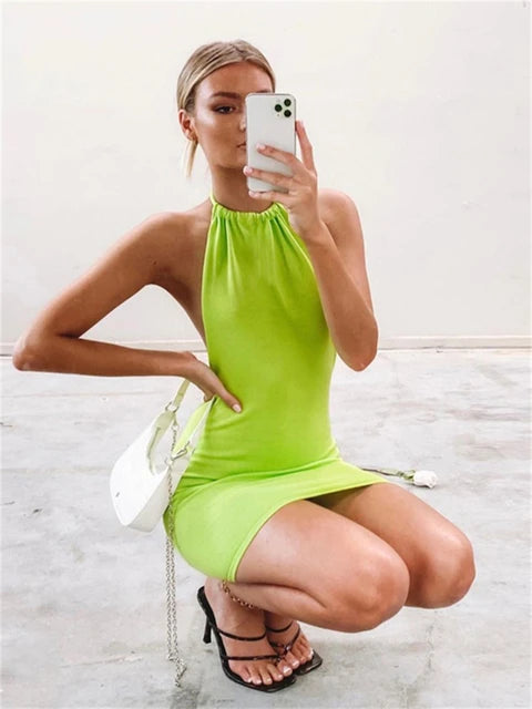 Summer Gradient Backless Knit Dress New Mini Beach Party Halter Dress Holiday Slim Stretch Sweater Dress