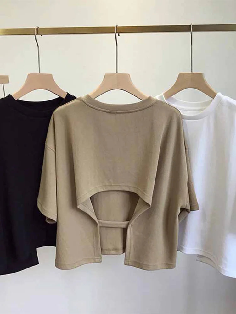 Summer New Backless T-shirt Korean Round Neck Loose Sweet Spicy Wind Short-sleeved Crop Tops