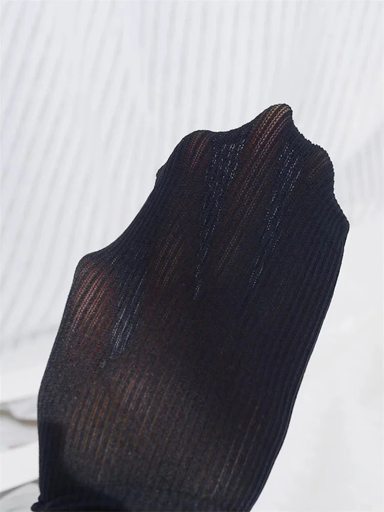 Knit Ribbed Pantyhose See-through Stockings Black Striped Lace Tights Skinny Leggings