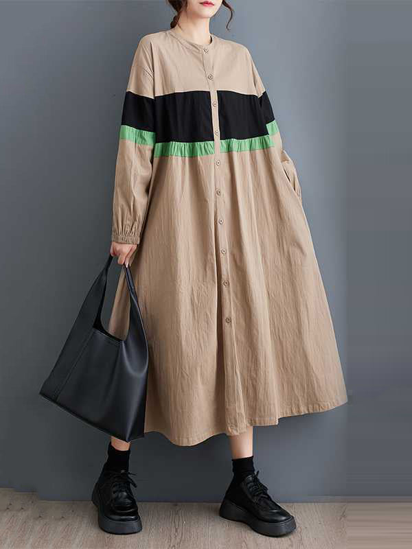 Long Sleeves Loose Buttoned Contrast Color Elasticity Split-joint Round-neck Midi Dresses